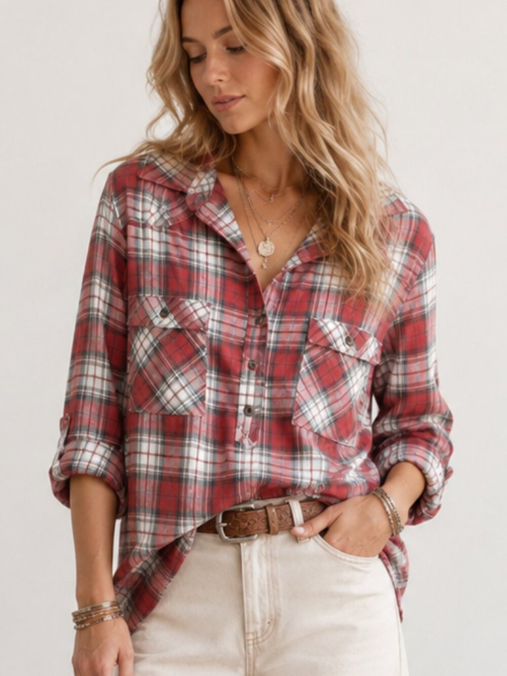 HAUTE HIPPIE Red Plaid Henley Pullover Top Roll Tab 3/4 Sleeve Blouse XS EUC
